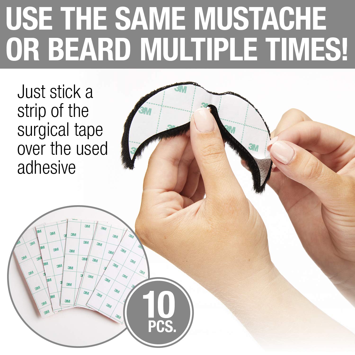 Mustaches Double-Sided 3M Self-Adhesive Medical Plaster for Fake Beards, Eyebrows and Sideburns (10 Pack) White - Image 5