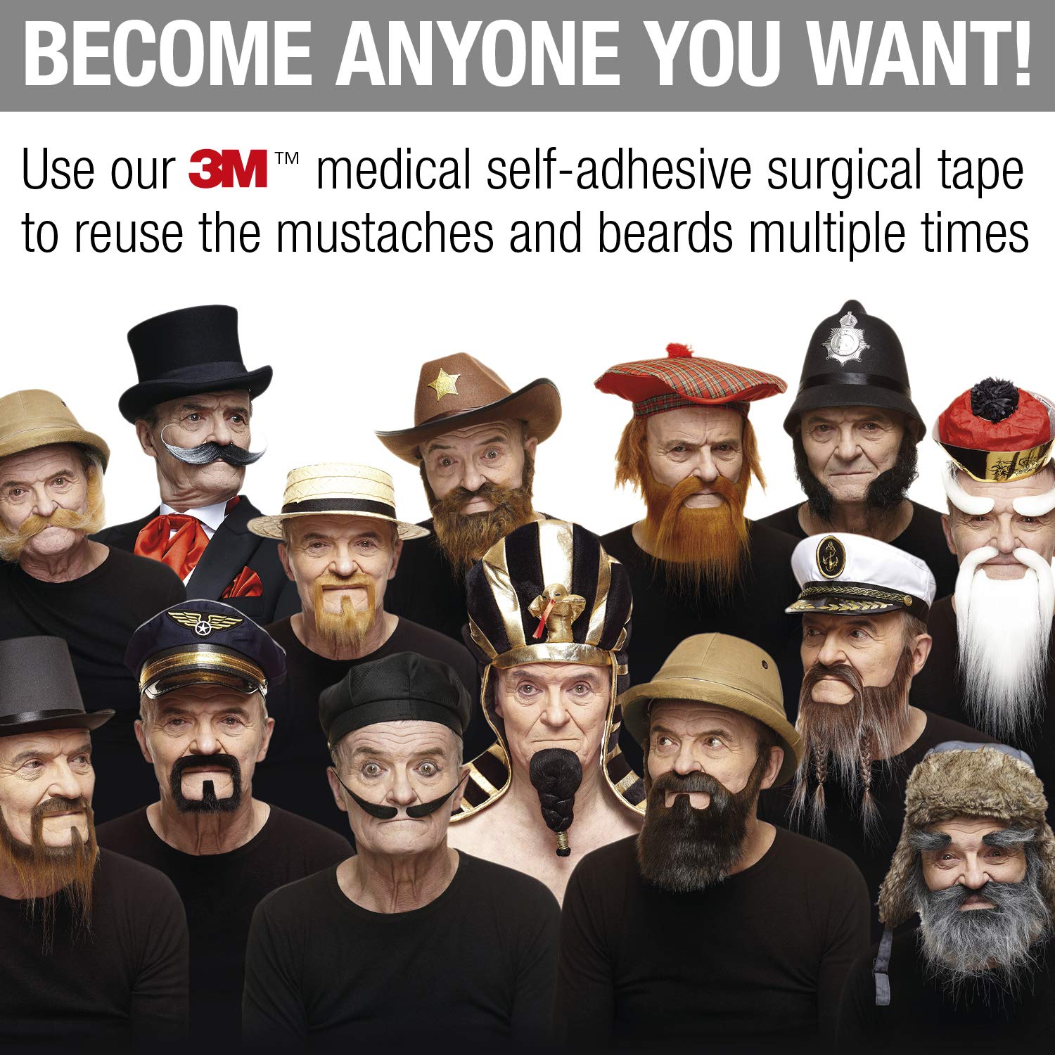 Mustaches Double-Sided 3M Self-Adhesive Medical Plaster for Fake Beards, Eyebrows and Sideburns (10 Pack) White - Image 6