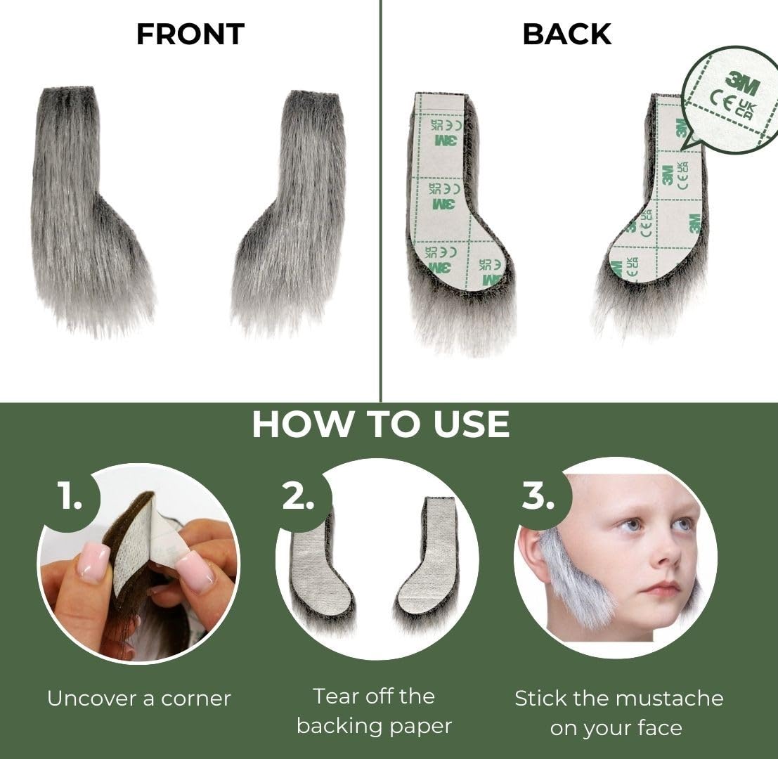 Mustaches Fake Sideburns, Self Adhesive, Novelty, Small False Mutton Chops, Facial Hair, Old Man Costume Accessory, Gray with White Color - Image 6