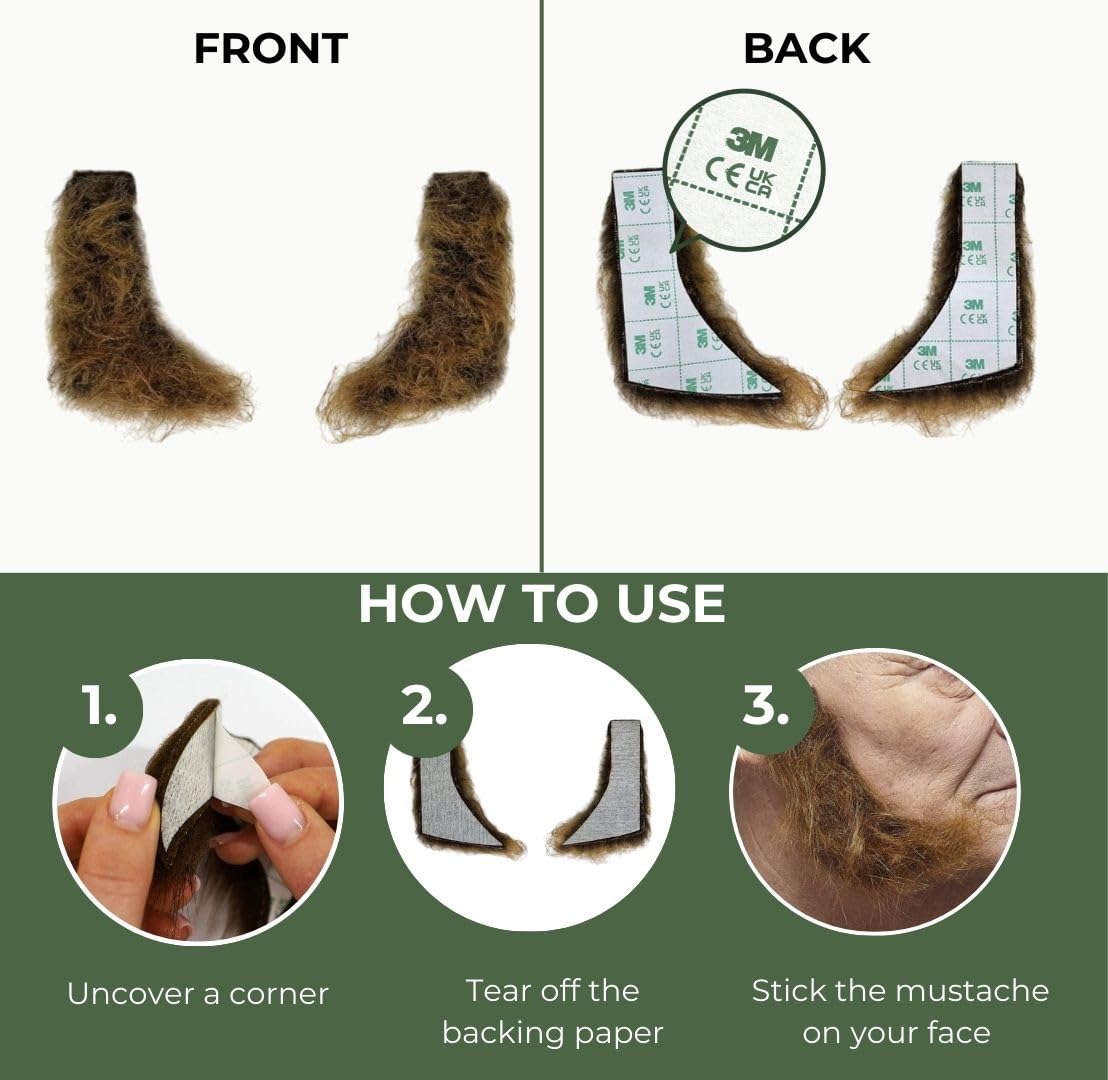 Mustaches Realistic, L Shaped Fake Mutton Chops Sideburns, Brown - Image 4
