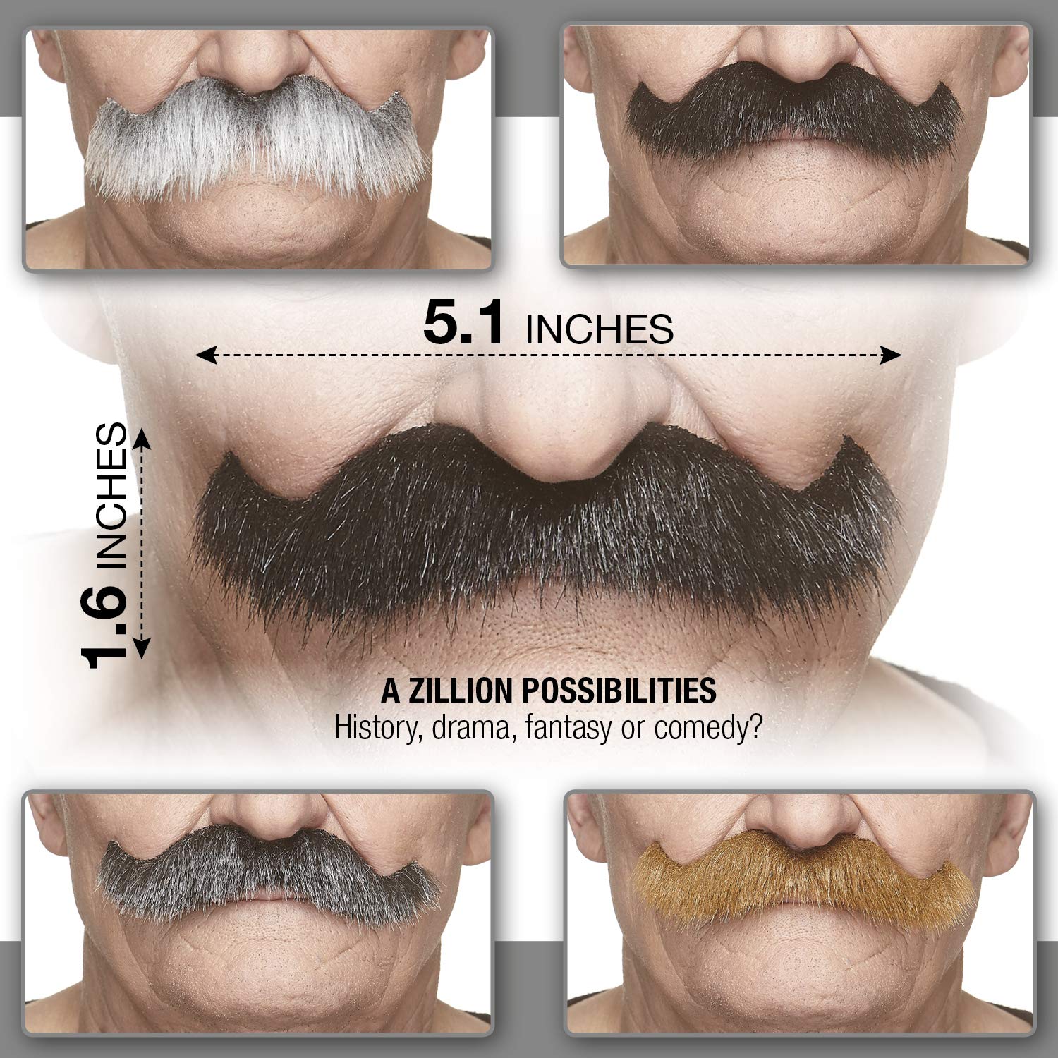 Mustaches Self Adhesive Fake Mustache, Novelty, Rocking Grandpa's False Facial Hair, Costume Accessory for Adults, Black Lustrous Color - Image 3