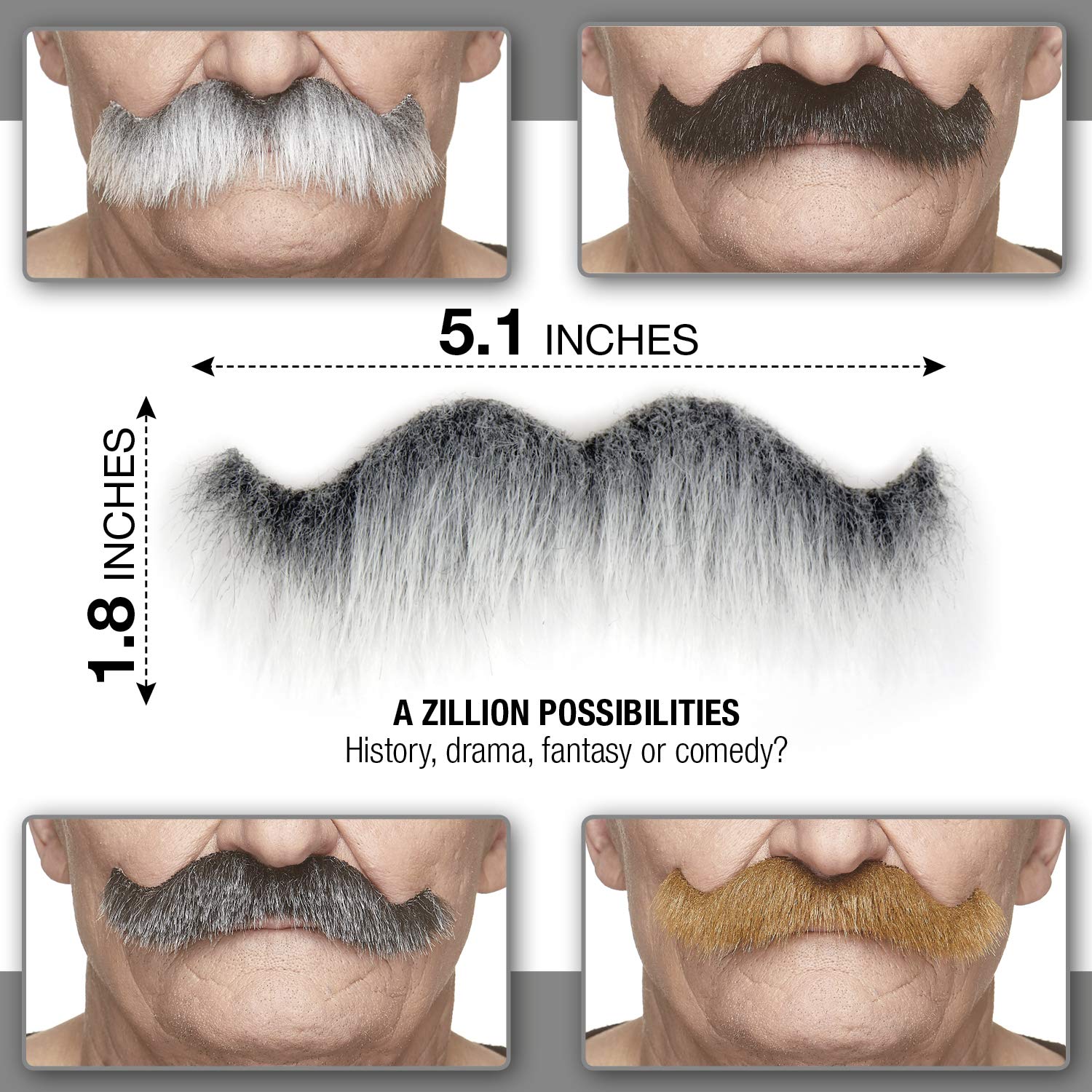 Mustaches Self Adhesive Fake Mustache, Novelty, Rocking Grandpa's False Facial Hair, Costume Accessory for Adults, Gray with White Color - Image 3