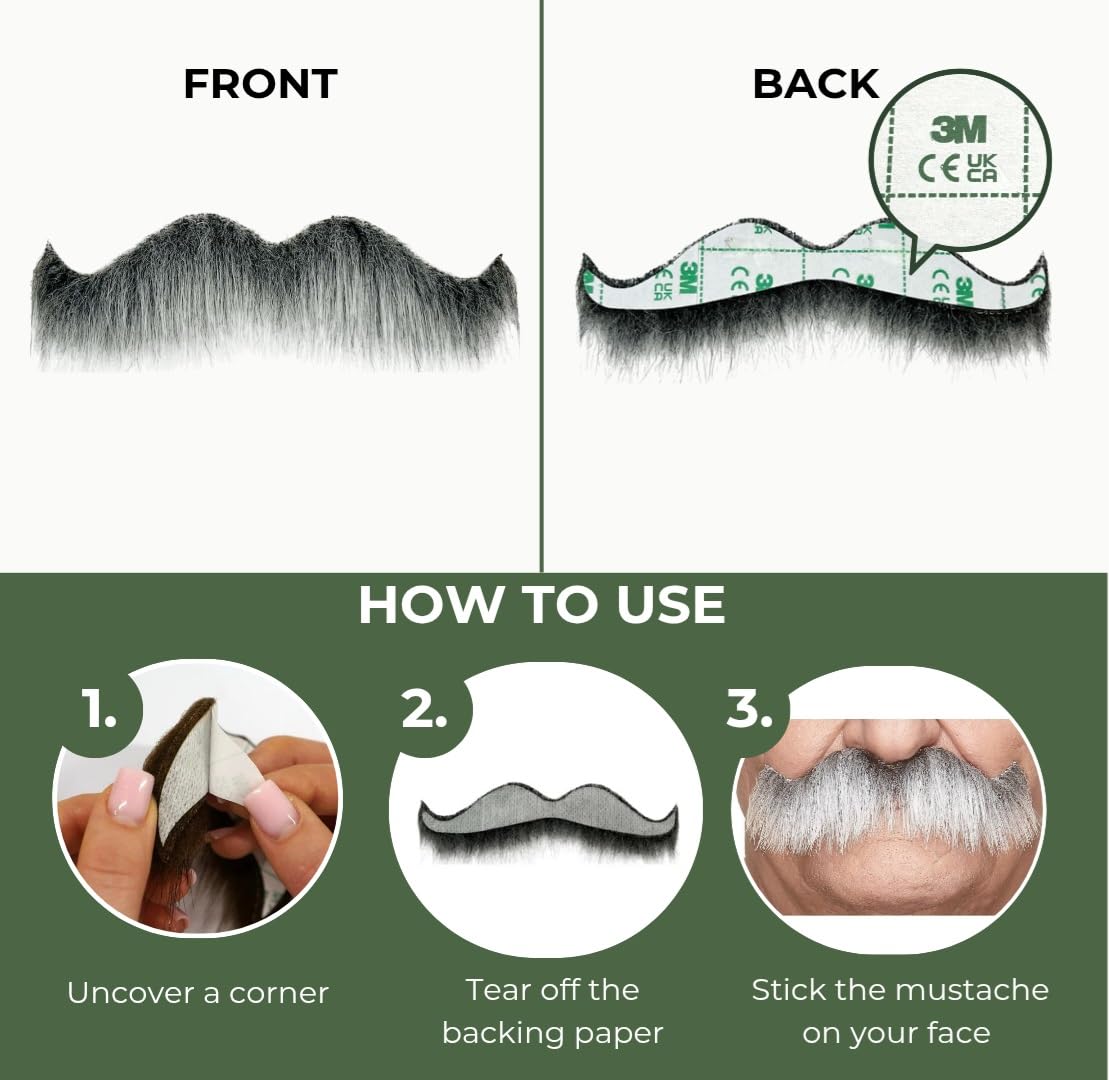 Mustaches Self Adhesive Fake Mustache, Novelty, Rocking Grandpa's False Facial Hair, Costume Accessory for Adults, Gray with White Color - Image 5