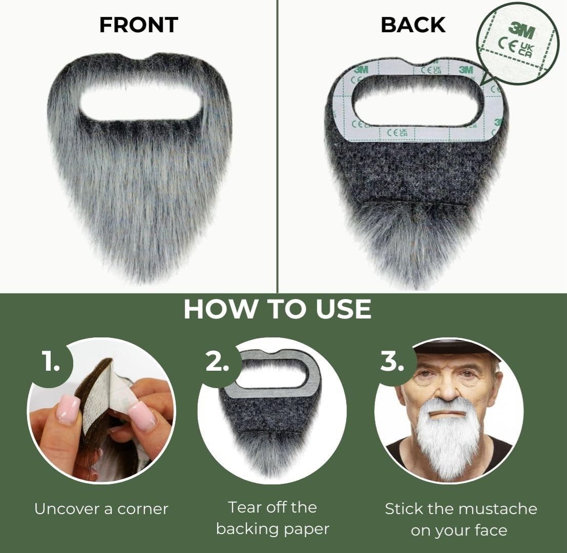 Mustaches Self Adhesive, Novelty, Ducktail Fake Beard, False Facial Hair, Costume Accessory for Adults, Gray with White Color - Image 3