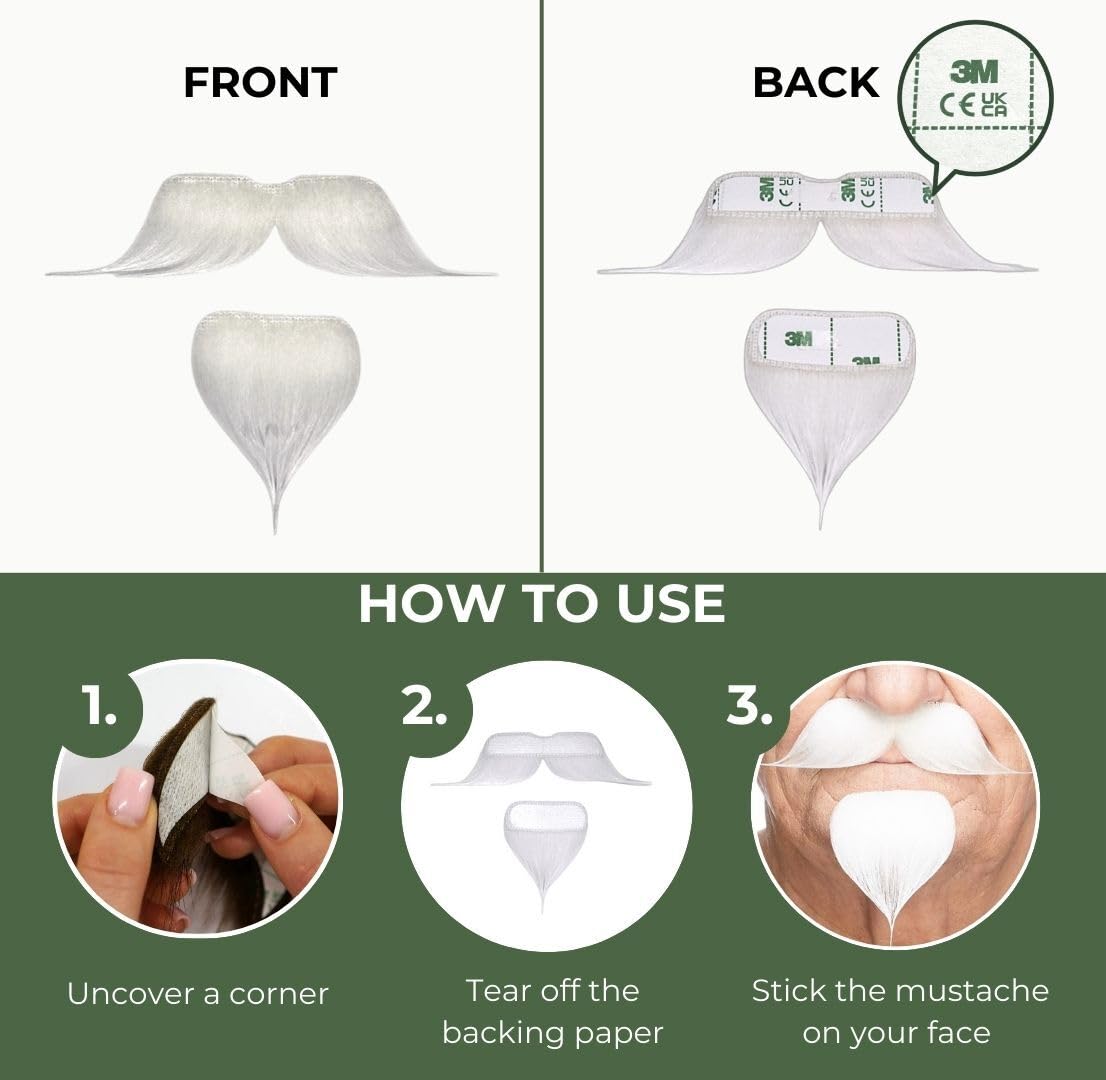 Self-Adhesive Stick On Fake Handlebar Mustache for Adults – Colonel Sanders Costume Accessory for Men by Mustaches(White) - Image 5